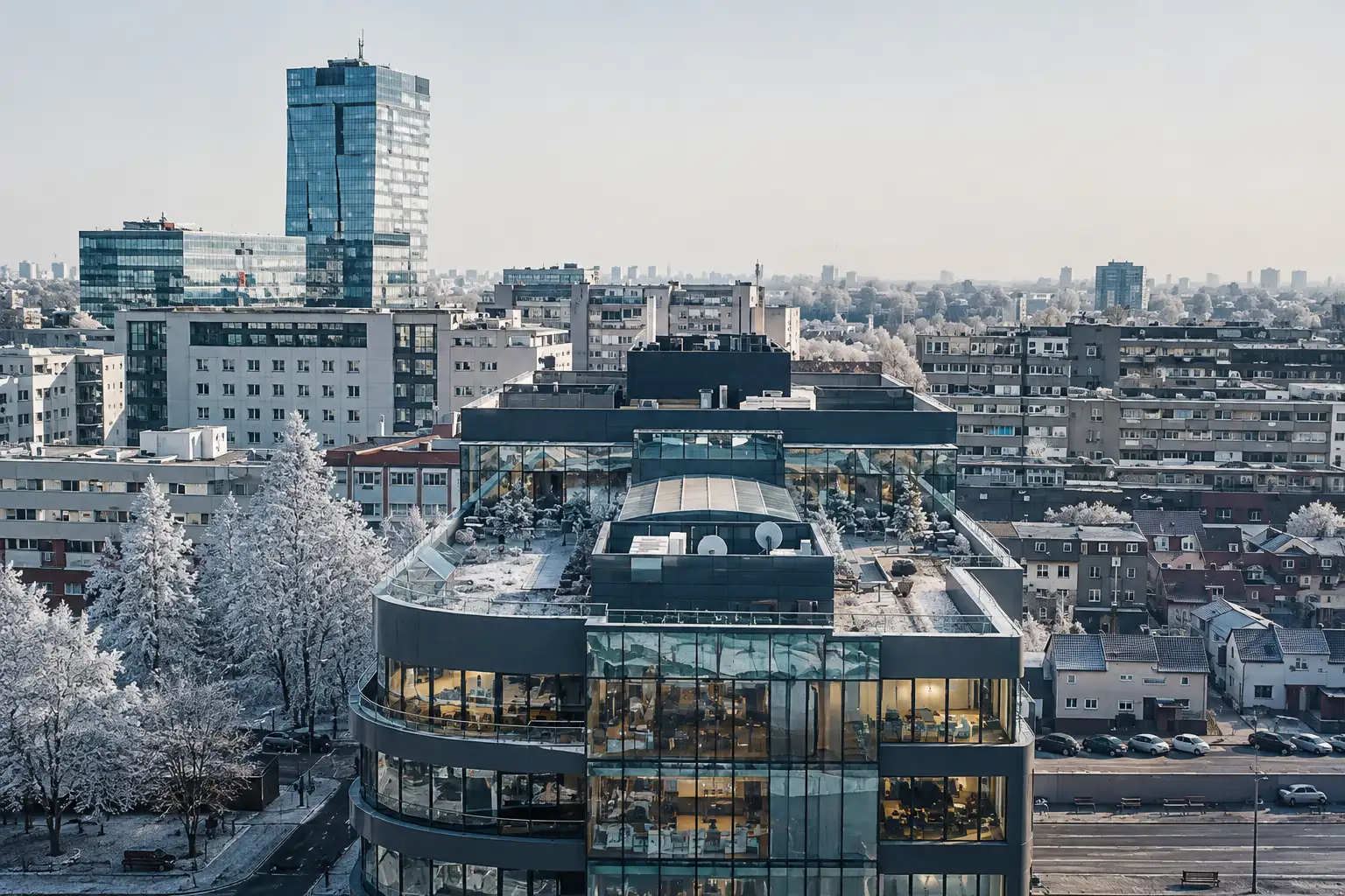 Pogled na zgradu Eaterije u Zagrebu s panoramskom terasom